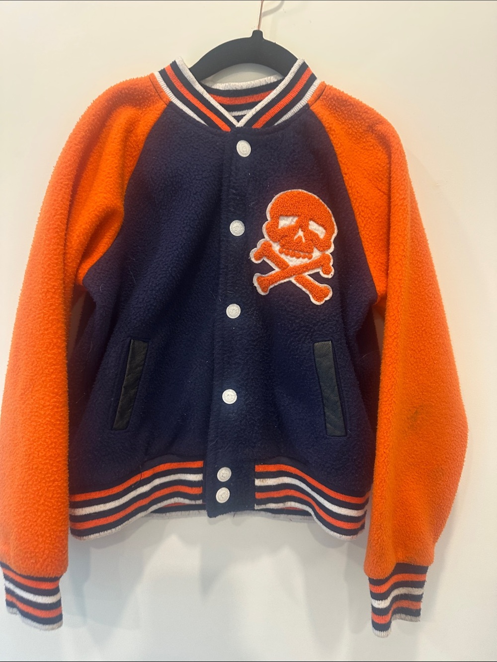 Harajuku Mini Navy and Orange Varsity Jacket with Skull Patch